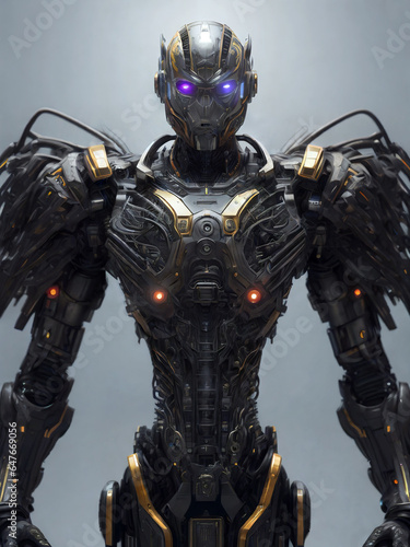 Cyborg android humanoid with glowing eyes against a bright explosive background. Futuristic character design,