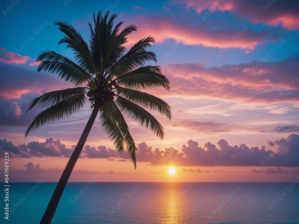 summer sunset beach with palm tree