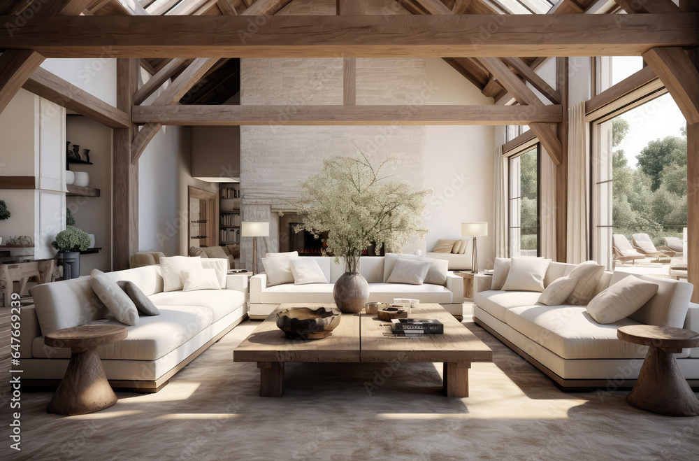 white living room in spain with wooden floors and wooden beams