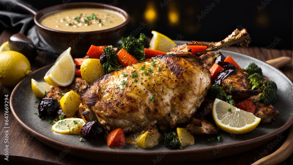 A smoky grilled chicken leg, served with a side of roasted vegetables and a tangy lemon-garlic sauce. A smoky grilled chicken leg, served with a side of roasted vegetables and a tangy lemon-garlic sauce.