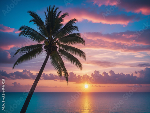 summer sunset beach with palm tree © Cozy Coffee Bar