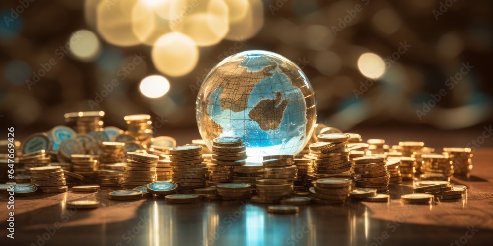 Financial World in a Glass Globe, Surrounded by Golden Coins against a Chalkboard Background, Symbolizing Global Networking, Money Flows, and the Interconnected Financial Ecosystem - obrazy, fototapety, plakaty 