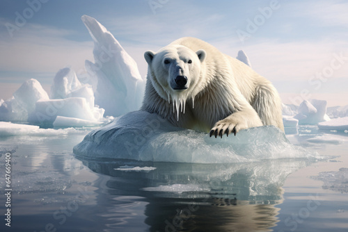 Polar bear on an ice shell, climate change concept, global warming issue