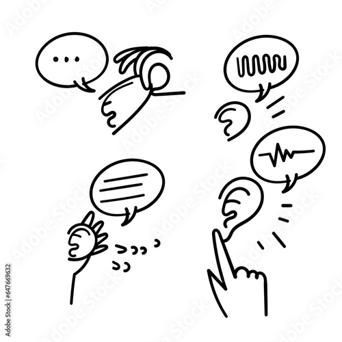 hand drawn doodle hand gesture to ear while listening illustration