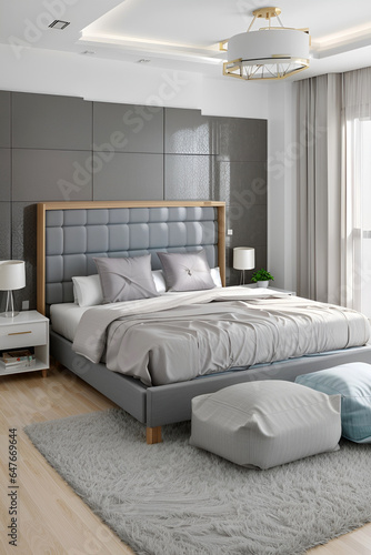 Design interior of contemporary room with comfortable bed