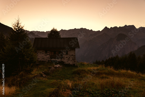 summer sunrise at Capanna Bovarina in Valle di Campo, Ticino