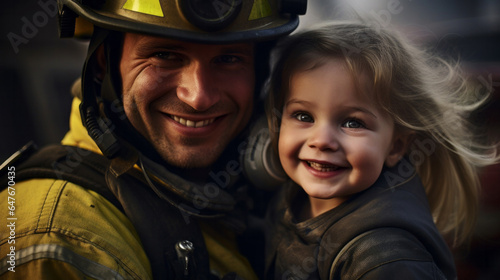 Happy firefighter holding child. Safety, brave rescue, survivor concept © ReneLa/Peopleimages - AI