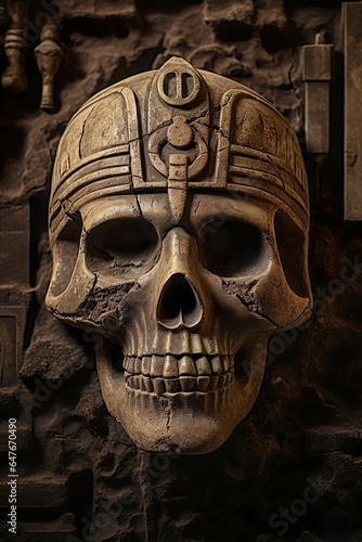 A skull on an ancient stone wall with mysterious symbols - e.g. for a book cover