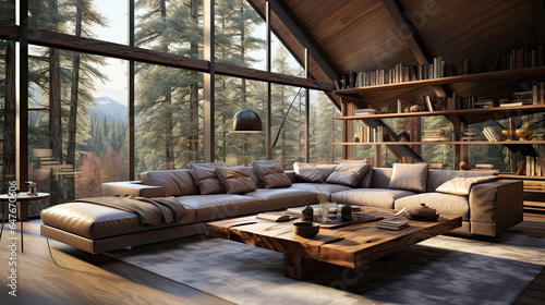 Minimalist Living Room with Panoramic View in Forest House © Fatih