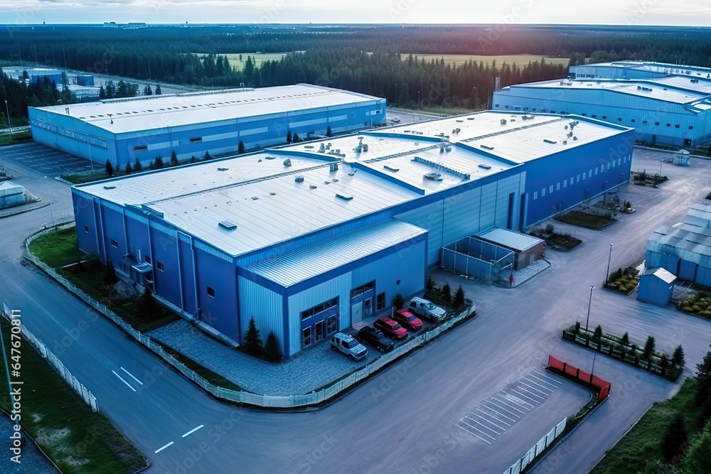Aerial view of the industrial factory. Top view of distribution warehouse and storage