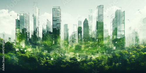Concept drawing of a modern sustainable and ecological city with lots of plants to save the climate - Climate and Global Warming Theme - Generative AI