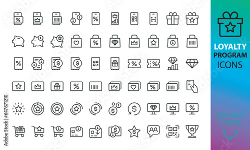 Loyalty program isolated icons set. Set of cashback, loyalty cards, piggy bank, discount coupon, customer gift card, bonus points, exclusive prize, shopping discount app vector icon