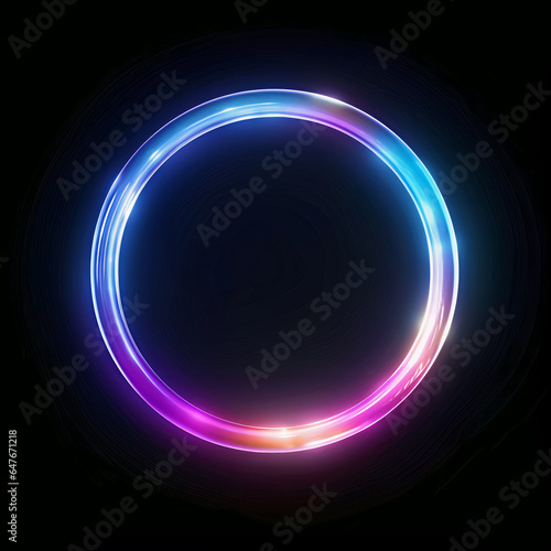 The concept of a black hole or portal of brightly glowing colorful iridescent thin circle of light on a black background