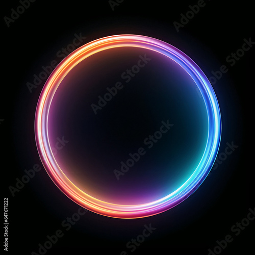 Concept of a black hole or portal of brightly glowing colorful iridescent thin circle of light on a black background