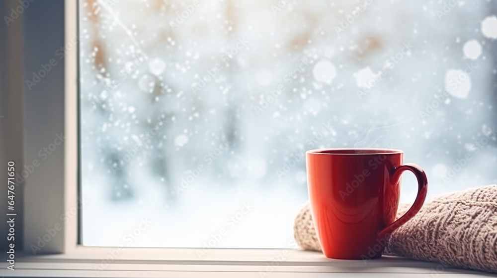 Fototapeta premium Winter holidays, calm and cosy home, red cup of tea or coffee mug and knitted blanket near window in the English countryside cottage, holiday atmosphere