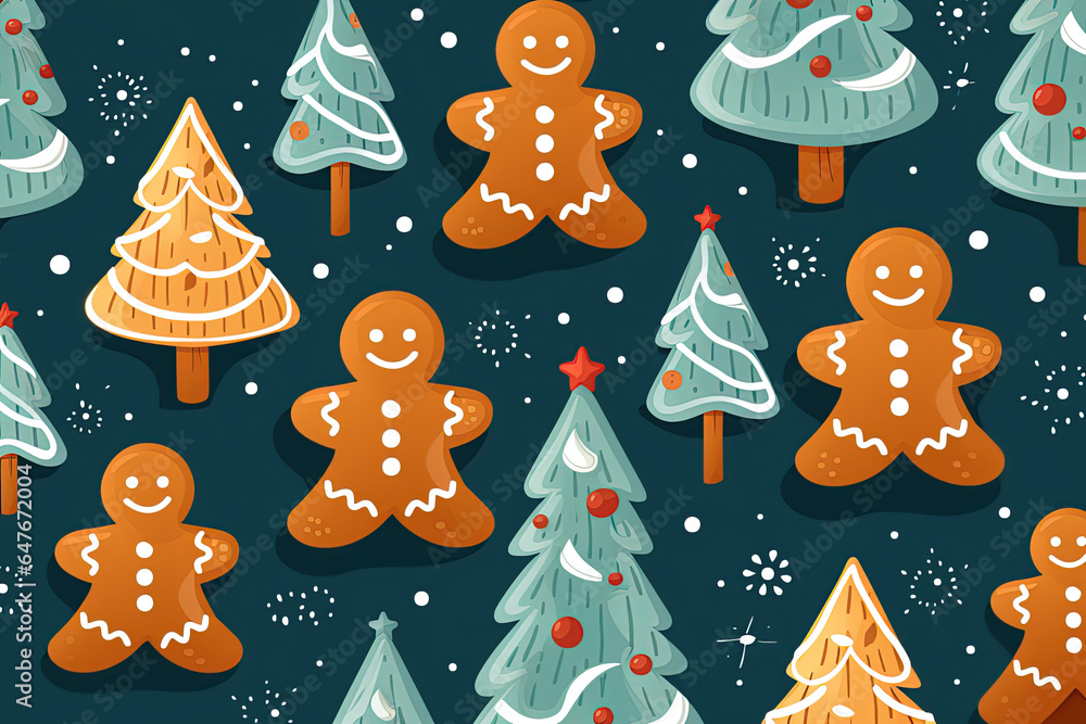 Gingerbread cookies background. Christmas and New Year greeting card design. Generative Ai