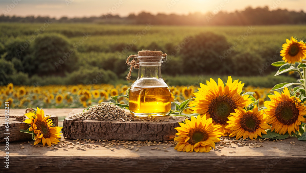 Bottle with oil on the background of a field with sunflowers - obrazy, fototapety, plakaty 