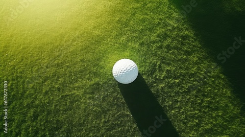 White golf ball on green and wide field in the morning