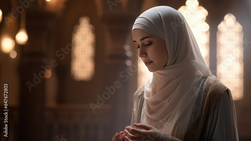Muslim women wearing hijabs praying inside a beautiful and spacious mosque