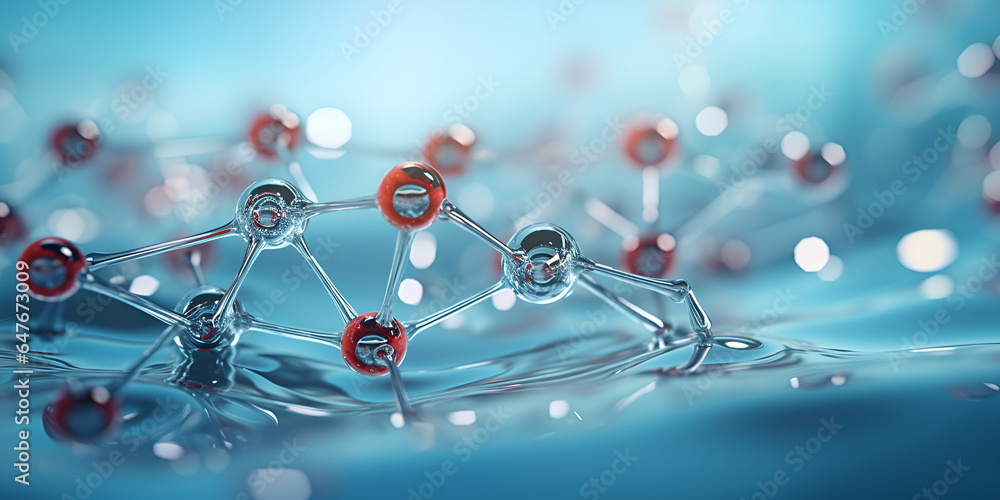 Hydrogen molecule or atom, Abstract structure 
bokeh background in blue color - obrazy, fototapety, plakaty 