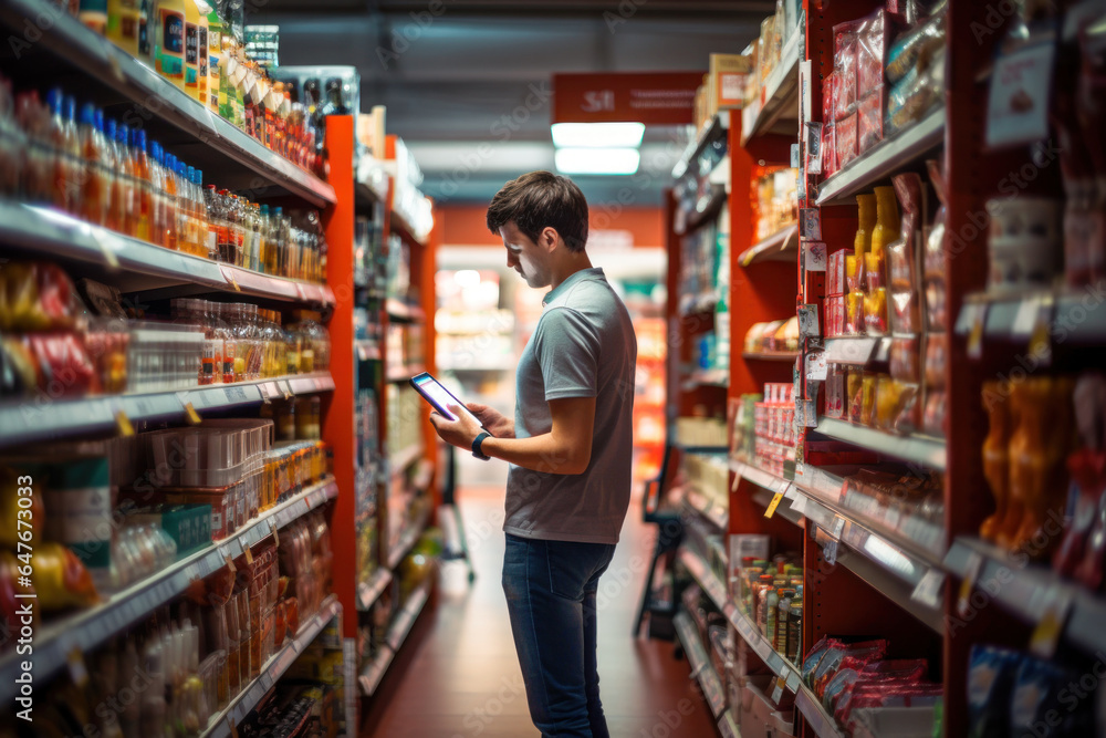 A young store manager doing stock management in his grocery products with a tablet in his hand Generative AI Illustration
