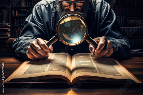 Illustration of a intellectual man holding a magnifying glass over a book seeking truth and knowledge Generative AI photo
