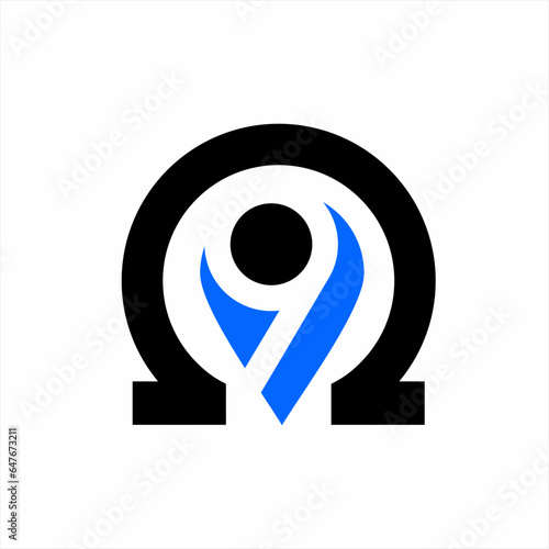 Omega 9 logo design. Illustration of the omega symbol with water drops and the number 9.