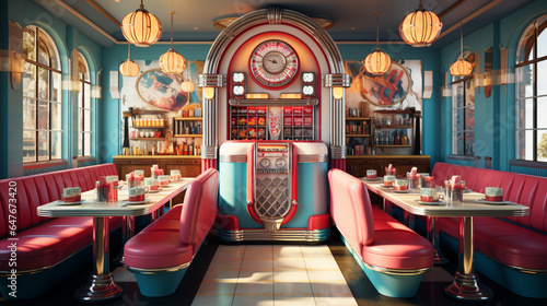Retro vintage diner restaurant, interior design, stylish old fashioned design concept