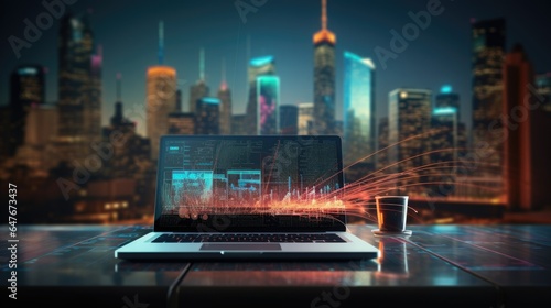 Laptop with technology hologram on modern city background