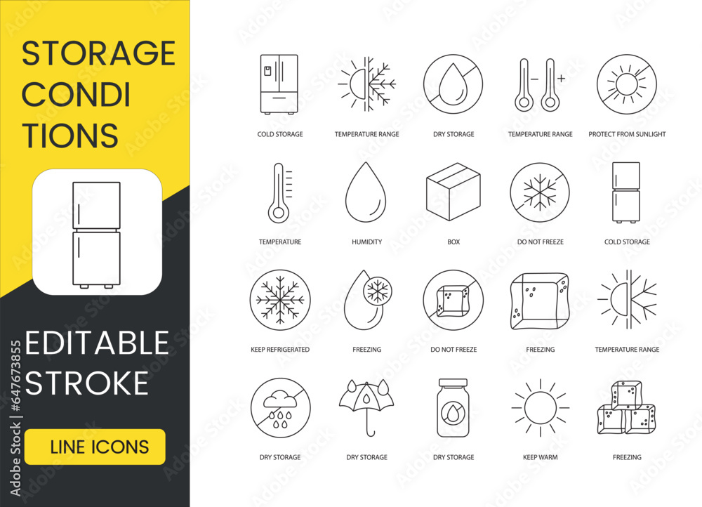 Food storage conditions marks, line icon set in vector, editable stroke, temperature range and cold storage, box and humidity, do not freeze and freezing, keep warm - obrazy, fototapety, plakaty 