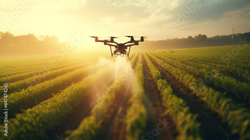 Efficiently caring for crops: Aerial view of drone fertilizing cultivated agricultural field with sunset. AI Generated photo