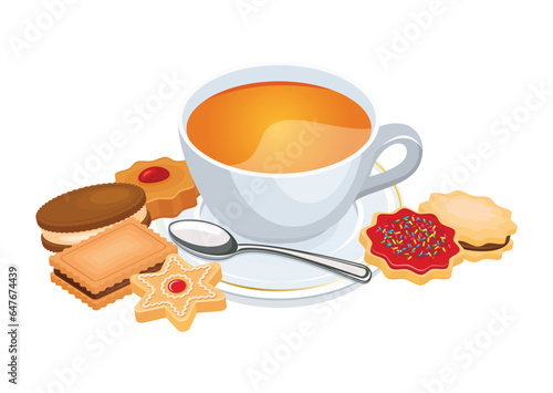 Cup of tea and biscuits still life vector illustration. Delicious tea cakes vector isolated on a white background. Different types of biscuits drawing. Tea drink with shortbread cookie icon vector