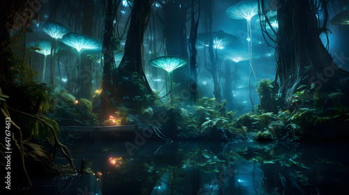 Delve into a bioluminescent wonderland with this image. It captures a surreal forest of bioluminescent trees and plants, where the natural world meets cutting-edge bioengineering.