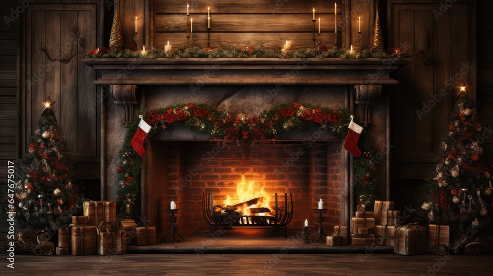 Fireplace decorated with Christmas decorations