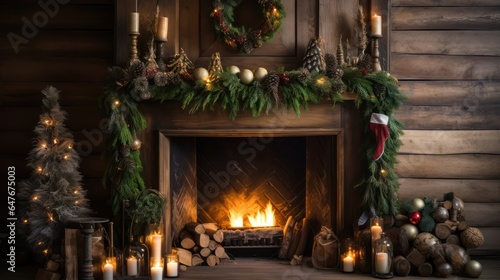 Fireplace decorated with Christmas decorations