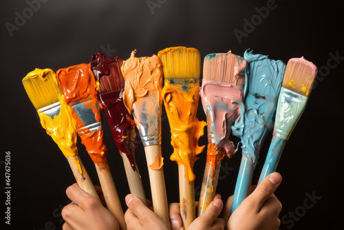 Vibrant diversity seen in various hands holding paintbrushes, uniting in artistry on a single canvas against a plain studio background.