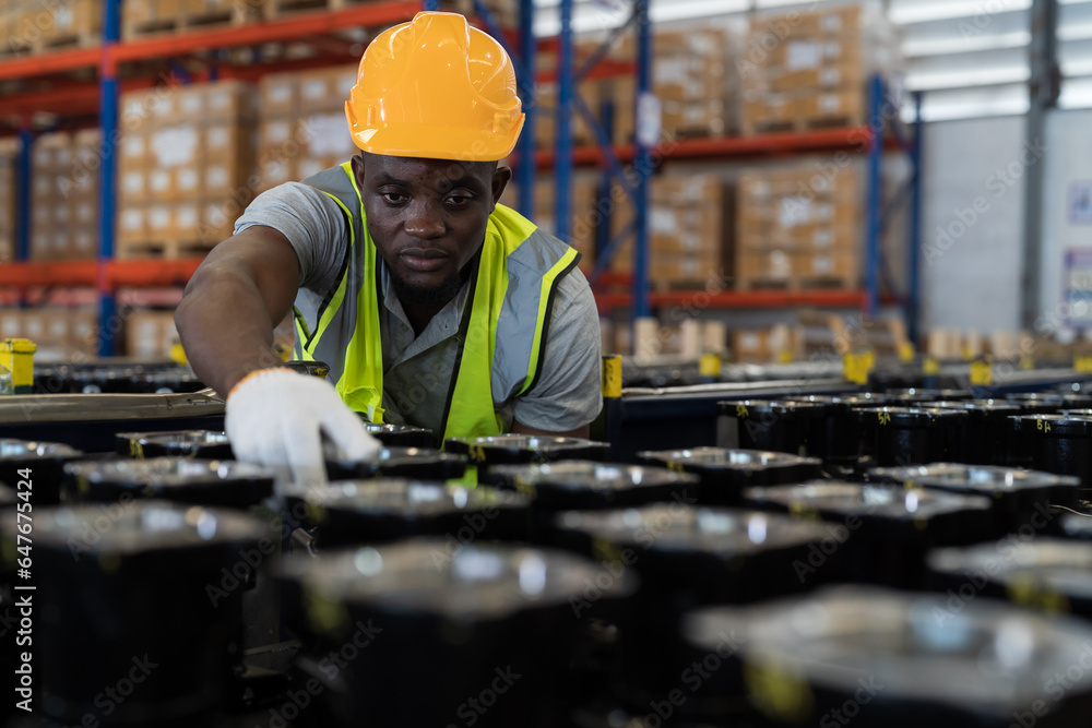 African American male warehouse worker wearing safety uniform using digital tablet inspecting quality for auto spare parts in packaging department at warehouse storage African American male warehouse worker wearing safety uniform using digital tablet inspecting quality for auto spare parts in packaging department at warehouse storage