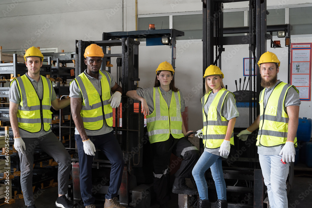 Group of male and female warehouse worker in safety vest and helmet working in industry storage warehouse Group of male and female warehouse worker in safety vest and helmet working in industry storage warehouse