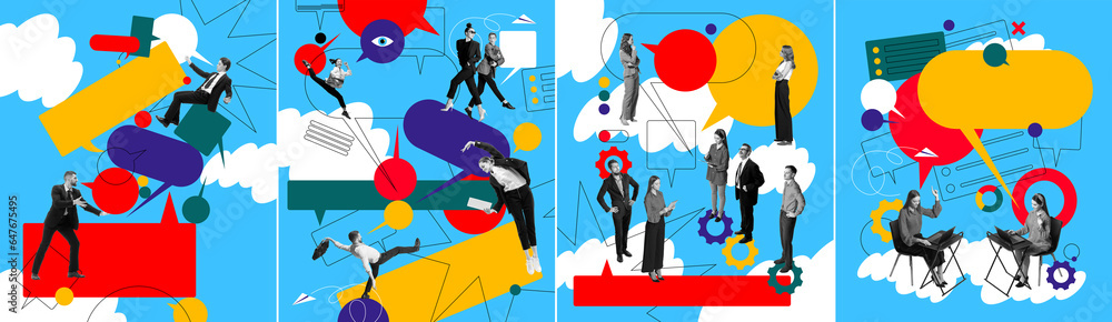 Hardworking and motivated employee working with strategies and analytics for company success. Contemporary art collage. Concept of business, office, communication. Poster. Copy space for ad. Banner Hardworking and motivated employee working with strategies and analytics for company success. Contemporary art collage. Concept of business, office, communication. Poster. Copy space for ad. Banner