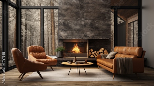 A cozy living room with a fireplace and stylish furniture © mattegg