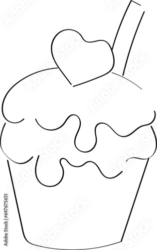 Contour cupcake with icing and a heart on a white background. A hand-drawn cupcake with icing isolated on a white background. Simple graphic design for EPS 10 vector illustration menu