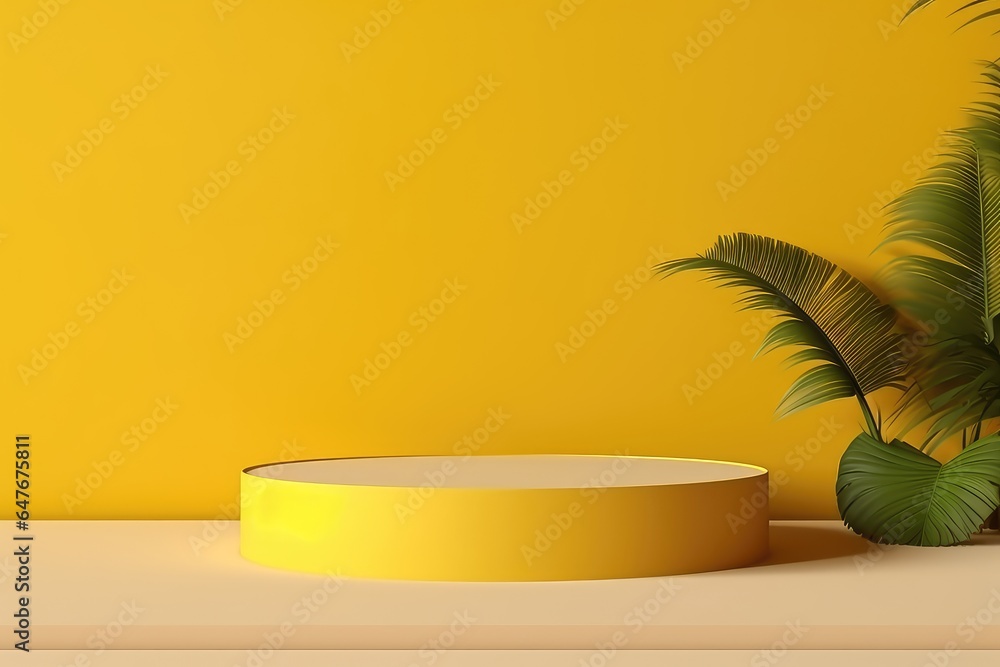 White product podium with green leaf and yellow background. White product podium with green leaf and yellow background.