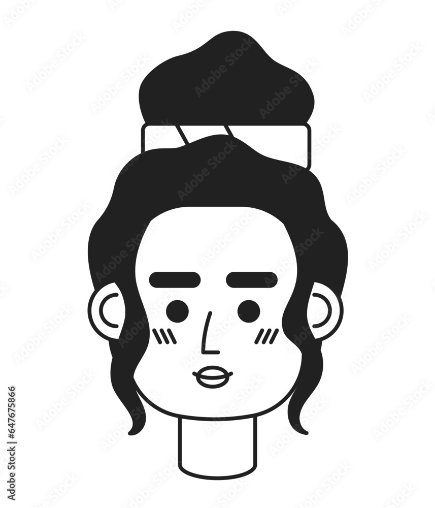 African american girl monochrome flat linear character head. Trendy bun hairstyle. Editable outline hand drawn human face icon. 2D cartoon spot vector avatar illustration for animation African american girl monochrome flat linear character head. Trendy bun hairstyle. Editable outline hand drawn human face icon. 2D cartoon spot vector avatar illustration for animation