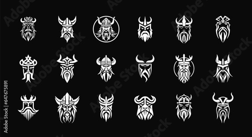 Scandinavian warrior emblem set, medieval mascot logo, ancient Norseman. Viking monochrome symbols collection, man in a horned helmet. Vector logo