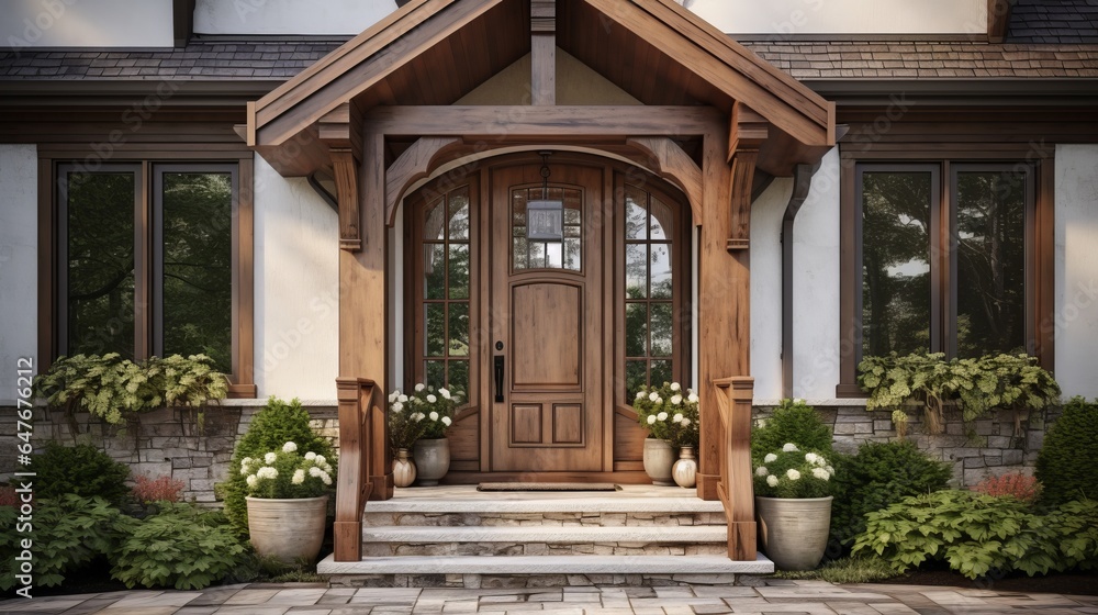 A welcoming front entrance with beautifully arranged potted plants A welcoming front entrance with beautifully arranged potted plants