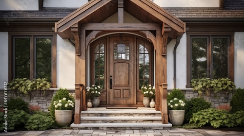 A welcoming front entrance with beautifully arranged potted plants