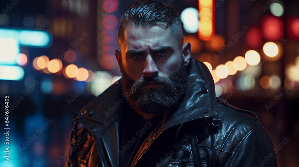 Caucasian male, bearded, intense gaze, leather jacket, night, neon city lights reflecting on face