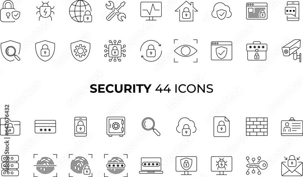 Security icons in line style. Cyber Security, internet protection, mobile app, password, spy, security system, finger print, electronic Vector illustration.