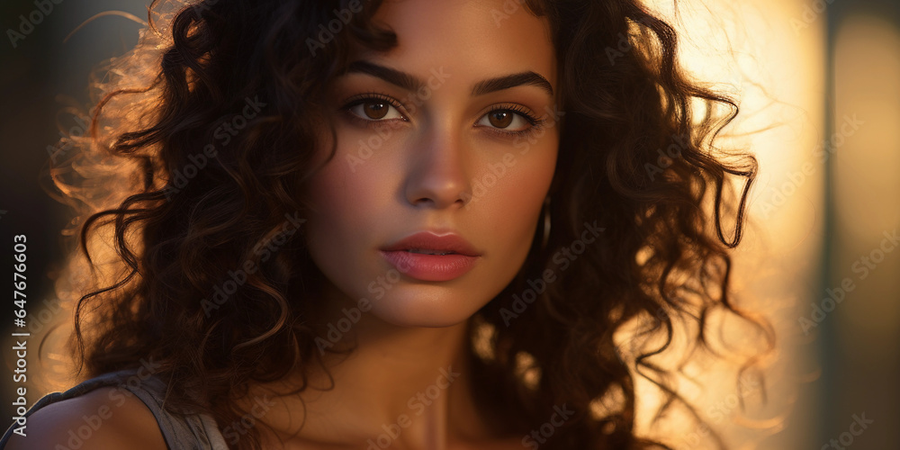 Latina woman, early 30s, dark curly hair, sensual gaze, warm golden lighting Latina woman, early 30s, dark curly hair, sensual gaze, warm golden lighting