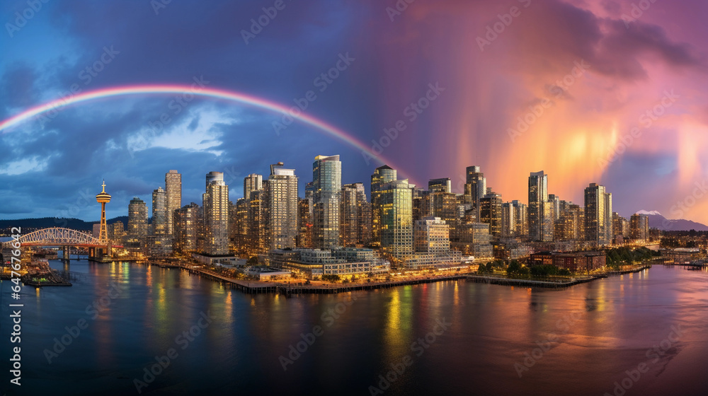  urban rainbow appearing after a rainstorm, highlighting iconic skyscrapers